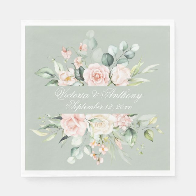 Blumensage Green Elegante Skriptname Hochzeit Serviette (Vorderseite)