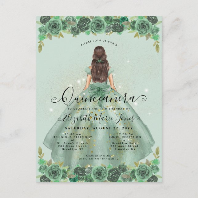 Blumensage Green Gold Glaess Prinzessin Quinceaner Postkarte (Vorderseite)