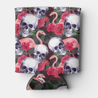 Blumenschädel, Flamingo nahtloses Muster. Dosenkühler