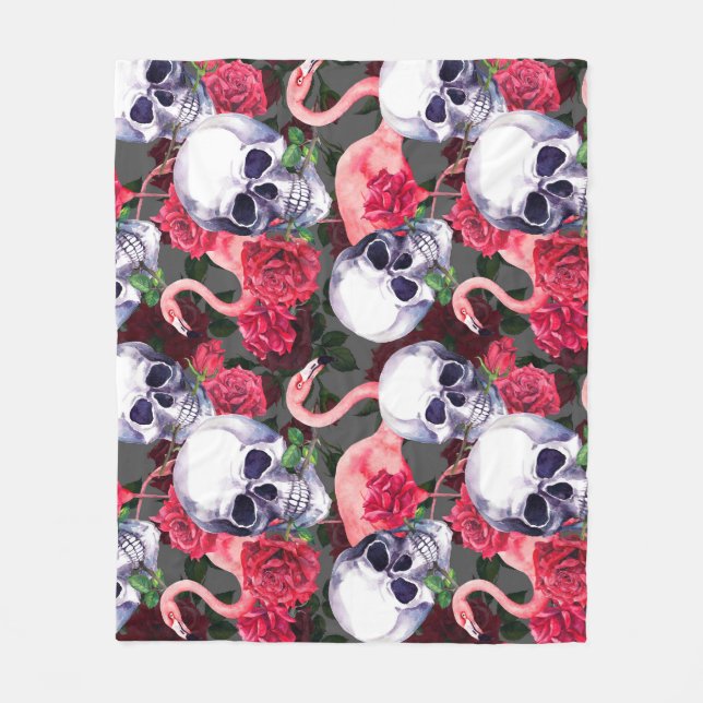 Blumenschädel, Flamingo nahtloses Muster. Fleecedecke (Vorderseite)