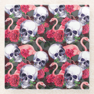 Blumenschädel, Flamingo nahtloses Muster. Glasuntersetzer