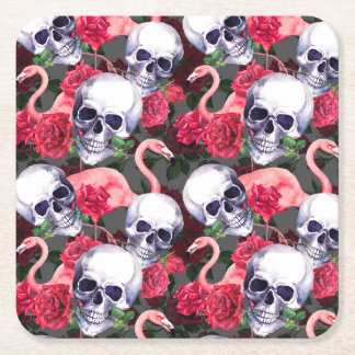Blumenschädel, Flamingo nahtloses Muster. Rechteckiger Pappuntersetzer