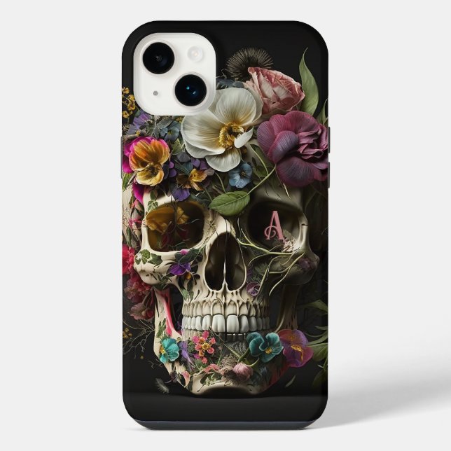 Blumenschädel-Goth-Pagan-Monogramm iPhone 14 Plus Hülle (Rückseite)