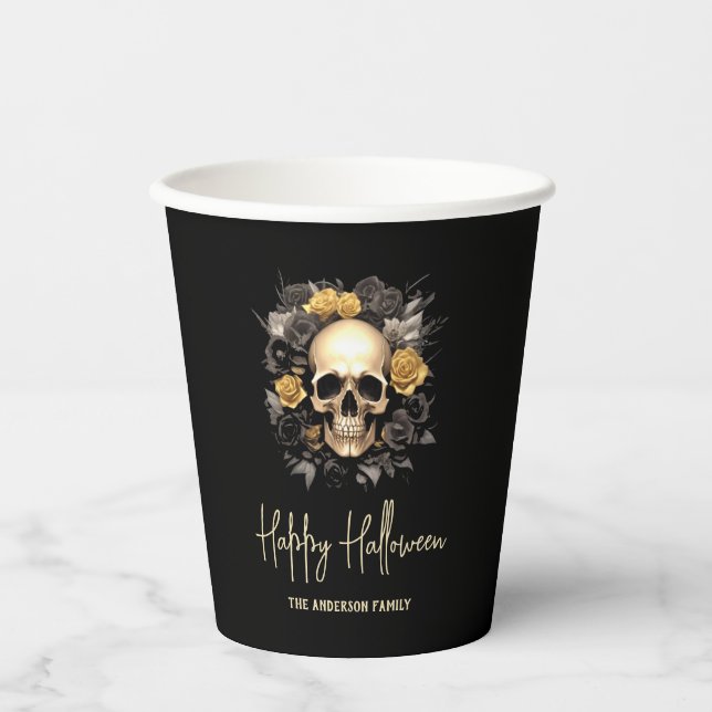 Blumenschädel-Halloween-Party Pappbecher (Vorderseite)