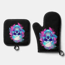 Blumenschädel im Vaporwave-Stil Ofenhandschuh & Topflappen-Set