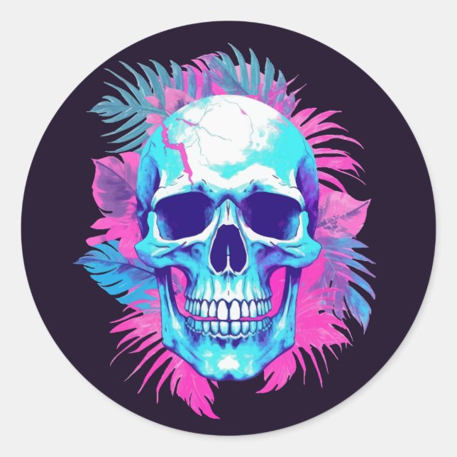 Blumenschädel im Vaporwave-Stil Runder Aufkleber (Vorderseite)