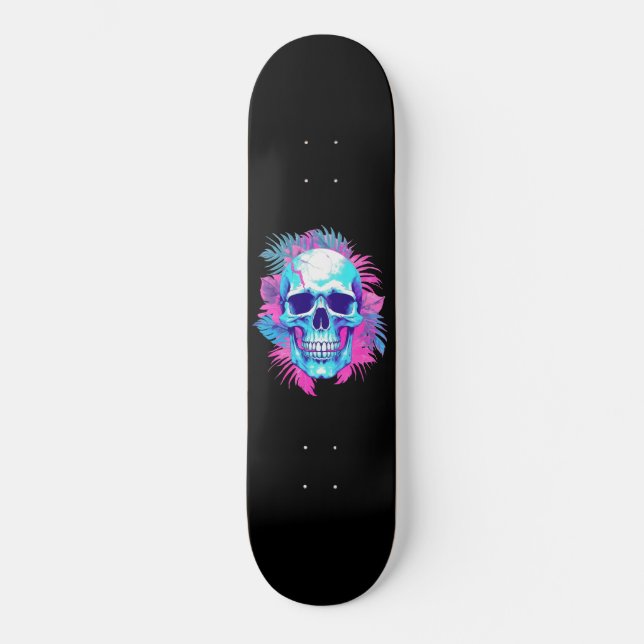Blumenschädel im Vaporwave-Stil Skateboard (Vorderseite)