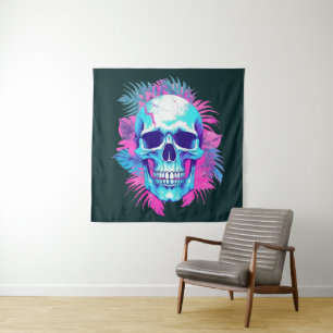 Blumenschädel im Vaporwave-Stil Wandteppich