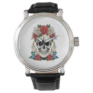 Blumenschädel mit Kerzen Halloween Armbanduhr