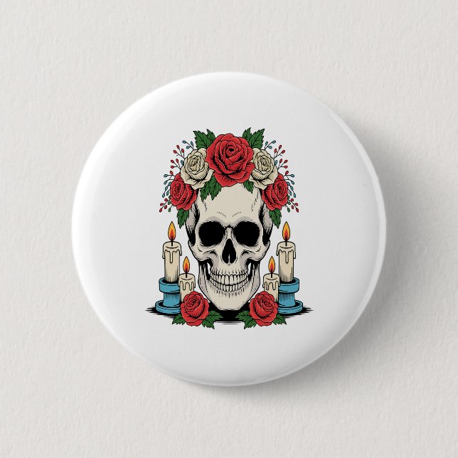 Blumenschädel mit Kerzen Halloween Button (Vorderseite)