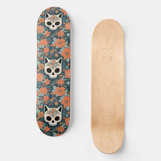Blumenschädel mit orangefarbenen Blume auf dunkelg Skateboard (Vorderseite)