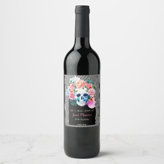 Blumenschädel mit Streifen Weinetikett (Vorderseite)