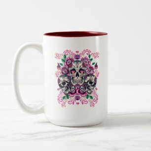Blumenschädel, Skelett, Aquarellpinke, Halloween Zweifarbige Tasse
