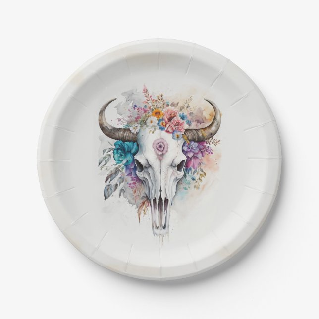 Blumenschädel-Stier-Wasserfarben-Kunst Pappteller (Vorderseite)
