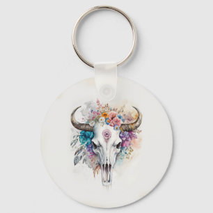 Blumenschädel-Stier-Wasserfarben-Kunst Schlüsselanhänger