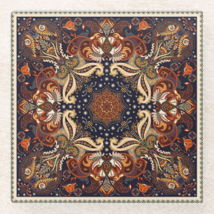 Blumenschal quadratischer Ornament: Indische Batik Glasuntersetzer