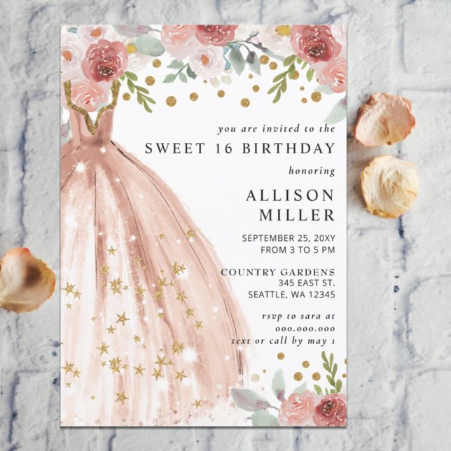 Blumenschick Blush Gold Glitzer Dress Sweet 16 Einladung (Von Creator hochgeladen)