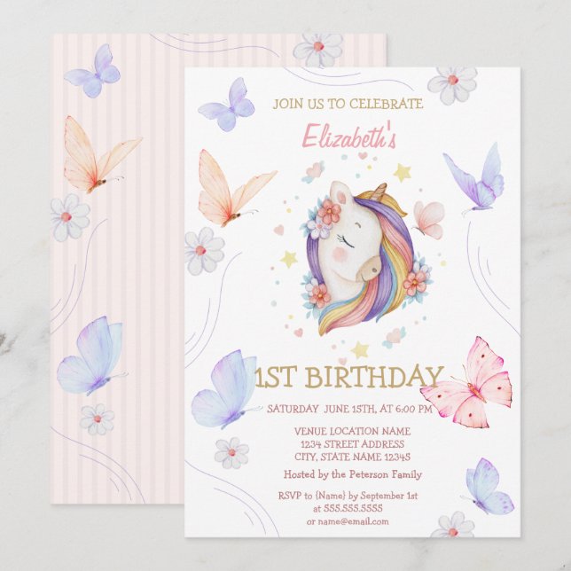 Blumenschlauch Butterfliegen Gestrichen Geburtstag Einladung (Vorne/Hinten)