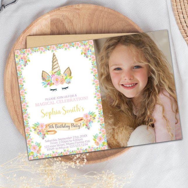 Blumenschlauch zum Geburtstag Einladung mit Foto (Floral Unicorn Birthday Invitations with photo)