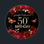 Blumenschmetterlingstaste der 50. Geburtstagsparte Button<br><div class="desc">Rote Rosen und Goldakzente. 50. Geburtstagsfeier. Einfach mit Vorlage personalisieren. Elegantes Design. Extravagante Skripttypografie. Spaß Gast danke Ihnen Geschenk.</div>