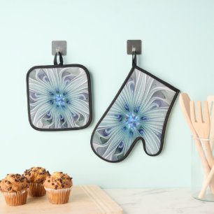 Blumenschönheit abstrakt modern Blaupastellblume Ofenhandschuh & Topflappen-Set