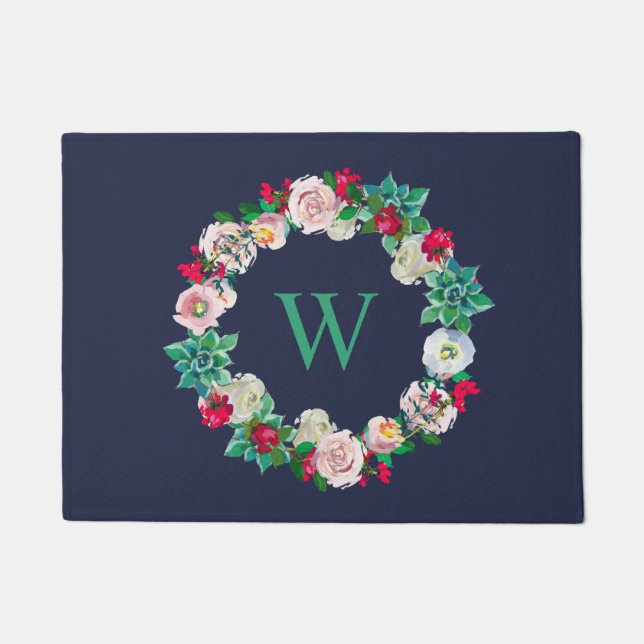 Blumenschreath Mit Monogramm Navy Blue Fußmatte (Vorderseite)