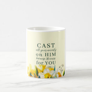 Blumenschrift 1 Peter 5:7 Kaffeetasse