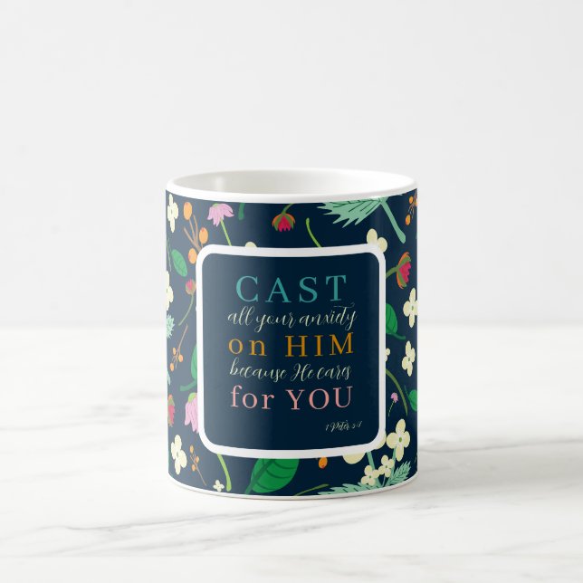 Blumenschrift 1 Peter 5:7 Kaffeetasse (Mittel)