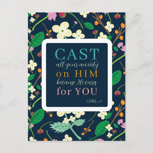 Blumenschrift 1 Peter 5:7 Postkarte (Vorderseite)