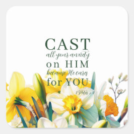 Blumenschrift 1 Peter 5:7 Quadratischer Aufkleber