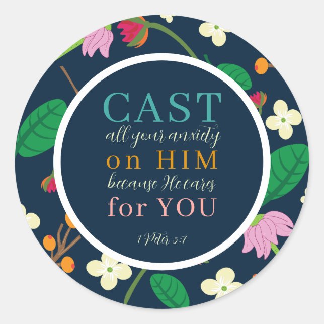 Blumenschrift 1 Peter 5:7 Runder Aufkleber (Vorderseite)