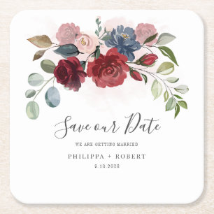 Blumenschrift Burgundy Wedding Save the Date Rechteckiger Pappuntersetzer