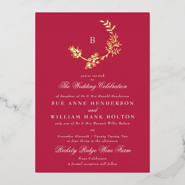 Blumenschrift Classic Monogram Red Magenta Wedding Folieneinladung (Vorderseite)