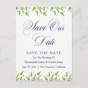 Blumenschrift "Save the Date" Postkarte