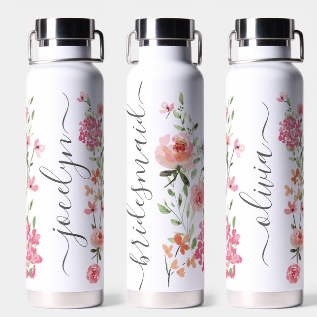 Blumenschrift Watercolor Personalisiert Bridesmaid Trinkflasche (Watercolor florals wedding bridesmaid personalized water bottle gift.)