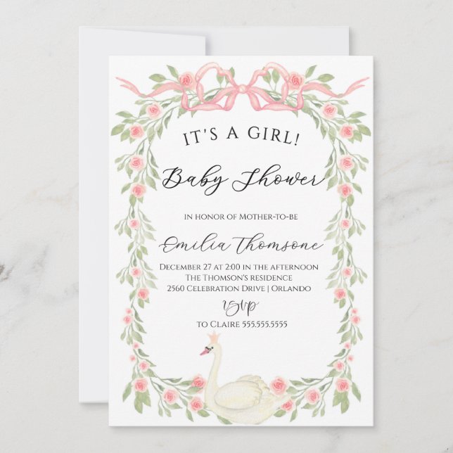 Blumenschwan Blush Pink Ribbon Babydusche Einladung (Vorderseite)