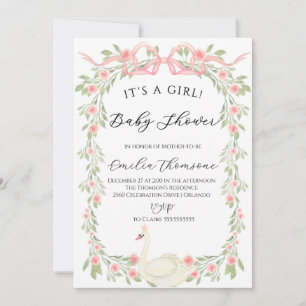 Blumenschwan Blush Pink Ribbon Babydusche Einladung