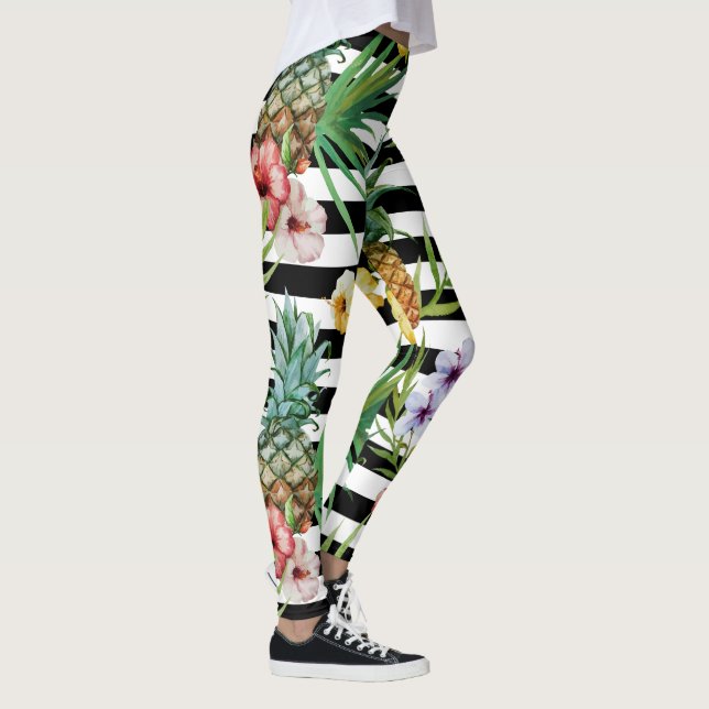 Blumenschwarzstreifen der Watercolorananas Leggings (Rechts)