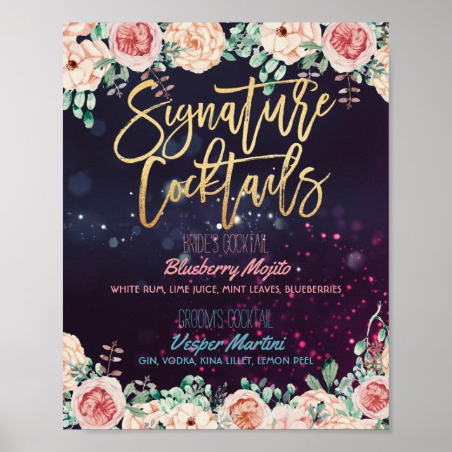 Blumensignatur Cocktail Drink Menü Hochzeitsdekor Poster (Vorne)