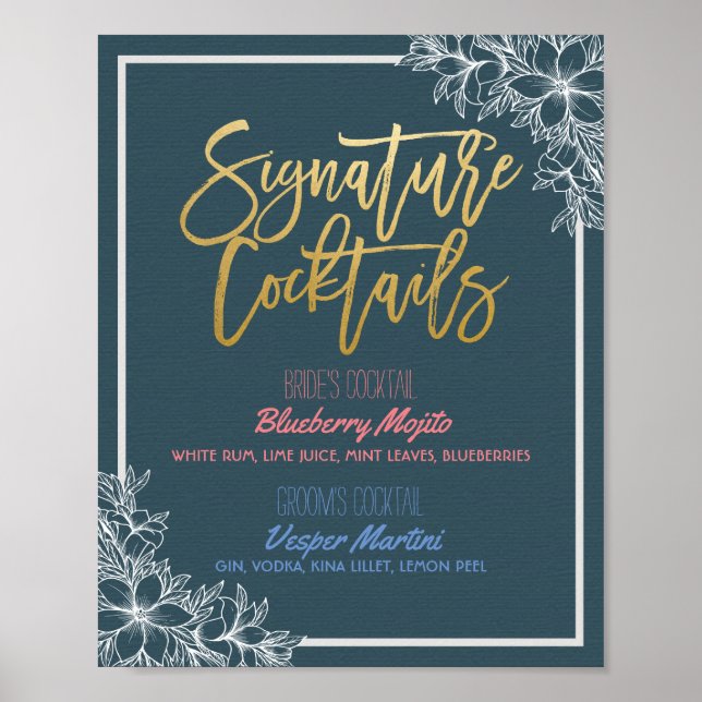 Blumensignatur Cocktail Drink Menü Hochzeitsdekor Poster (Vorne)