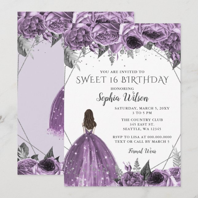 Blumensilber, Lila Spakelkleid Sweet 16 Einladung (Vorne/Hinten)