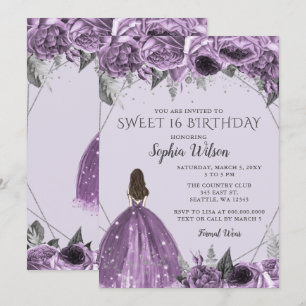 Blumensilber Lila Spakle Kleid Sweet 16 Invita Einladung