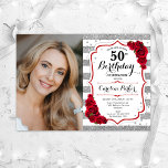 Blumensilber Weiße Rote Rosen Foto 50. Geburtstag Einladung<br><div class="desc">Elegante florale feminine 50. Geburtstagseinladung mit Ihrem Foto. Glam,  weiß und rot mit Imitaten Glitzer silber. Enthält Streifen,  rote Rosen,  Skript-Schriftart und Konfetti. Ideal für ein stilvolles Party für Erwachsene. Personalisieren Sie Ihre persönlichen Daten. Kann für jedes Alter angepasst werden! Gedruckte Zazzle Einladungen oder Sofortdownload digitalen druckbaren Vorlage.</div>