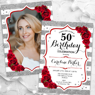 Blumensilber Weiße Rote Rosen Foto 50. Geburtstag Einladung