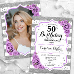 Blumensilber Weißes Lila Foto 50. Geburtstag Einladung<br><div class="desc">Elegante, florale, weibliche 50. Geburtstagseinladung mit Ihrem Foto auf der Kartenrückseite. Glavenweiß, lavender lila Design mit Imitaten Glitzer Silber. Features Streifen, lila Rose, Skript-Schriftart und Konfetti. Ideal für ein stilvolles Party für Erwachsene. Personalisieren Sie Ihre persönlichen Daten. Kann für jedes Alter angepasst werden! Gedruckte Zazzle Einladungen oder Sofortdownload digitalen druckbaren...</div>