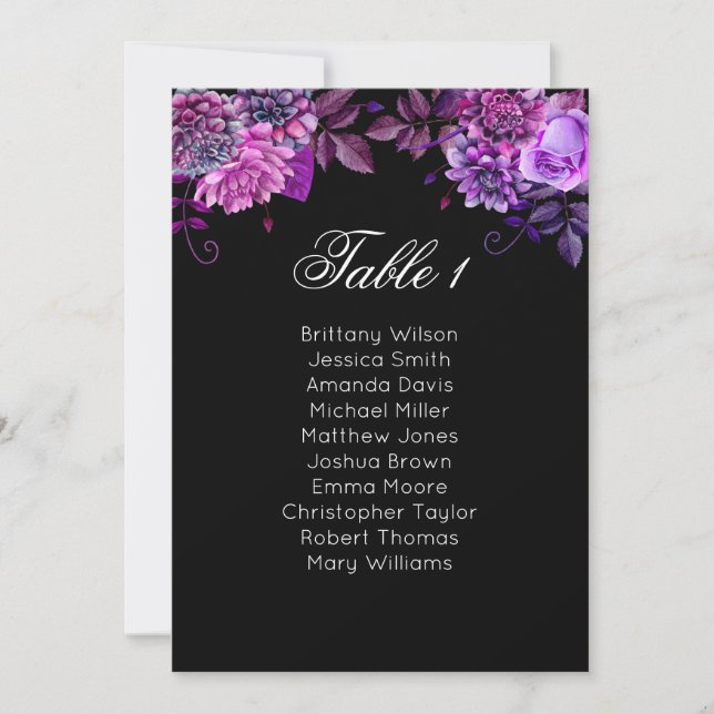 Blumensitzplan lila. Schwarzer Hochzeitsplan Einladung (Vorderseite)