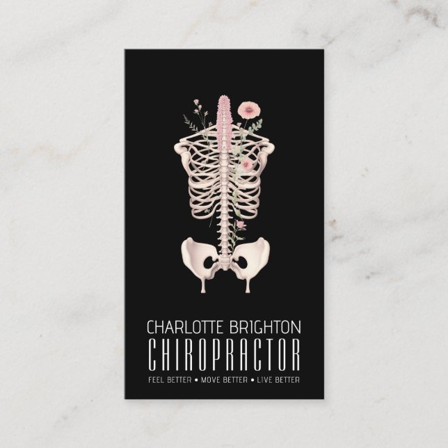 Blumenskelett Chiropraktiker Schwarzer Termin & Visitenkarte (Vorderseite)