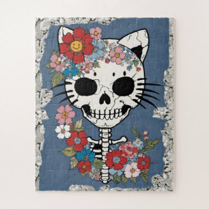 Blumenskelett Katze mit Spitze und Denim