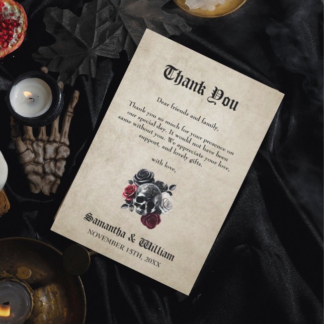 Blumenskull Rustic Elegant Halloween Hochzeit Dankeskarte (Von Creator hochgeladen)