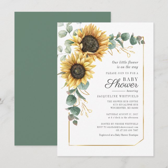 Blumensonnenblume Eukalyptus Greenery Baby Dusche Einladung (Vorne/Hinten)